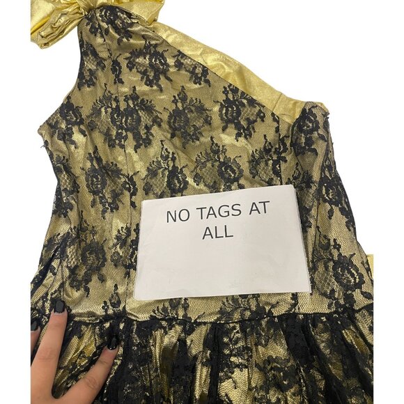 Vintage 80s Evening Glam Dress Gold Black Lace Floral BIG Bows One Shoulder XS - Picture 6 of 6